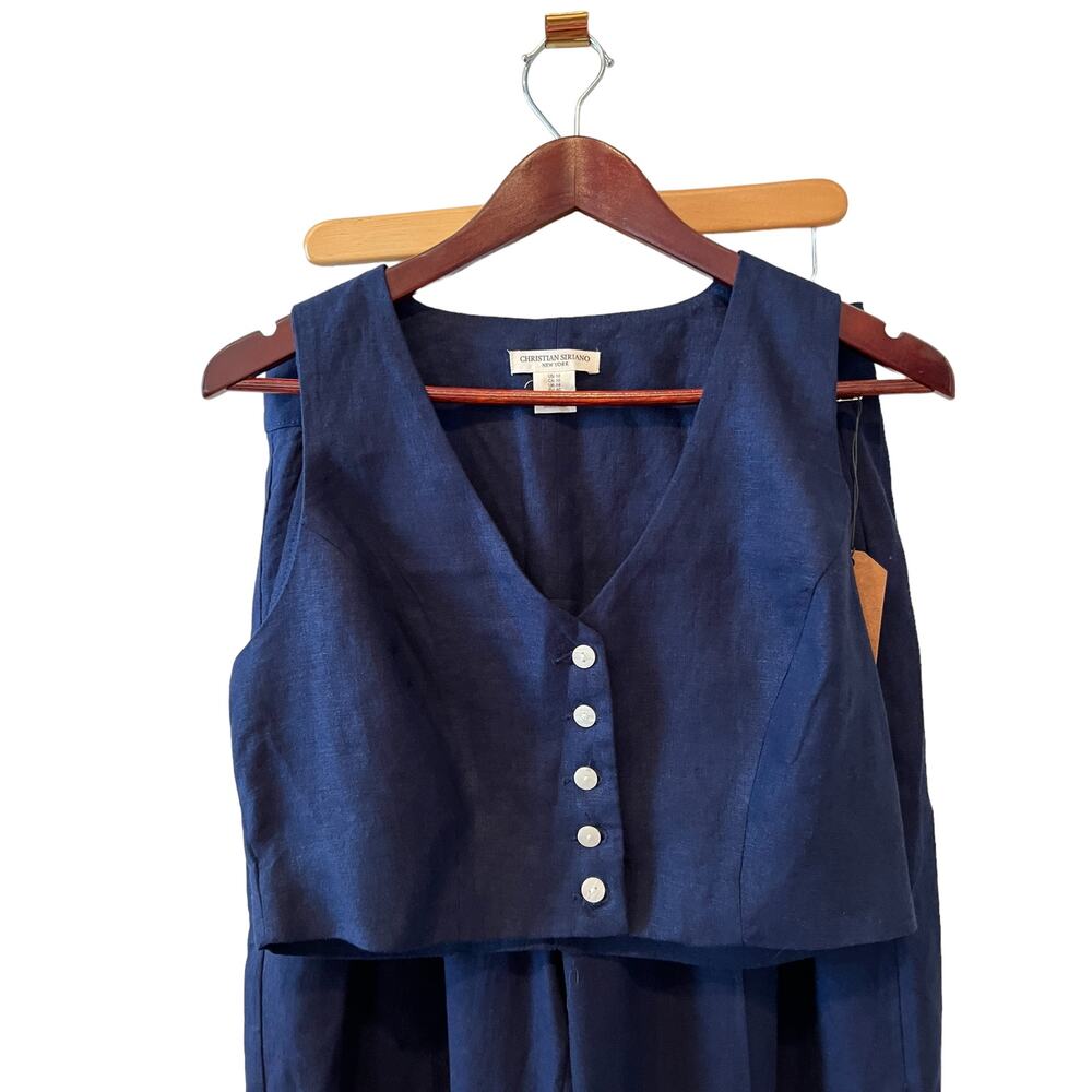 Christian Siriano Wide Leg Linen Pants & Waistcoat Vest Set Navy Blue 10 - Picture 2 of 7